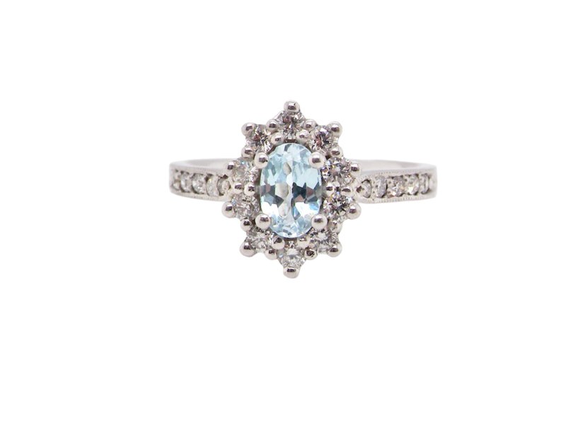 Vintage Tom Aquamarine and Diamond Cluster 18 Carat White Gold Ring