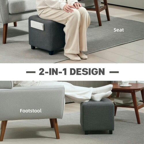 Bobobiy Square Footstool, Small Ottoman with Side Pocket, 35 x 35cm, Grey, 35 x 35 x 35cm