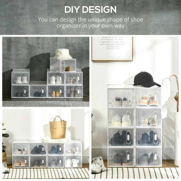 Clear modular shoe storage organizer boxes with magnetic doors, flexible stacking