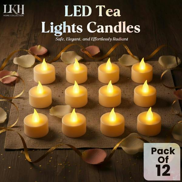 LKH HOME COLLECTION LED Tea Lights Candles – Pack of 12 Battery Operated Tea Light Votive Candles – Flameless Warm White LED Candle