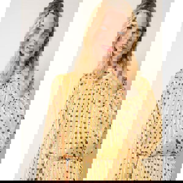 Blue Vanilla Polka Dot Cowl Neck Pleated Long Sleeve Dress