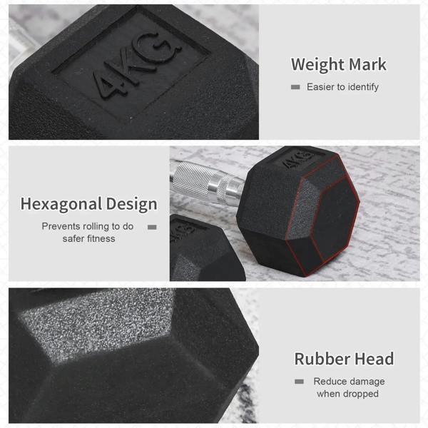 Black hex rubber dumbbell with weight mark and textured knurled chrome grip