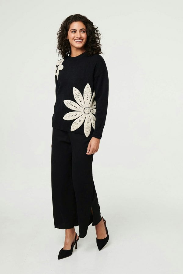 Black | Floral Long Sleeve Embroidered Jumper