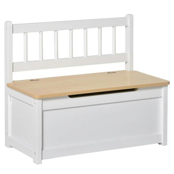 White wooden storage bench with light wood top and open lid