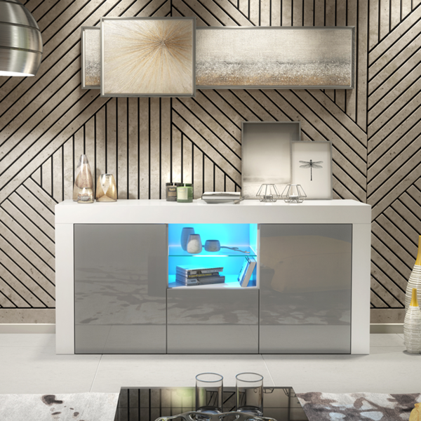 Mex Furniture Modern 145cm TV Unit, Cabinet Stand & with Grey Gloss Doors & Free LED