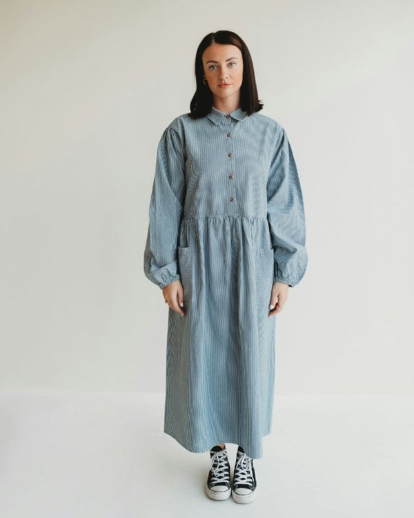 Magda Blue Pinstripe Print Long Sleeve Midi Dress- image 1