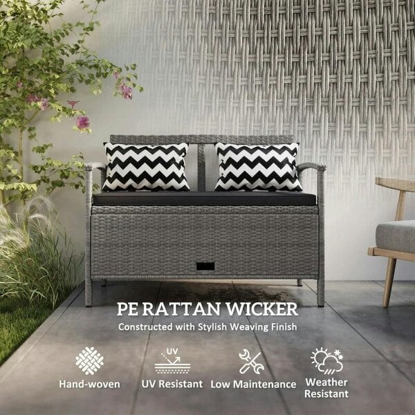 160L Storage Two-Seater Rattan Bench - Grey