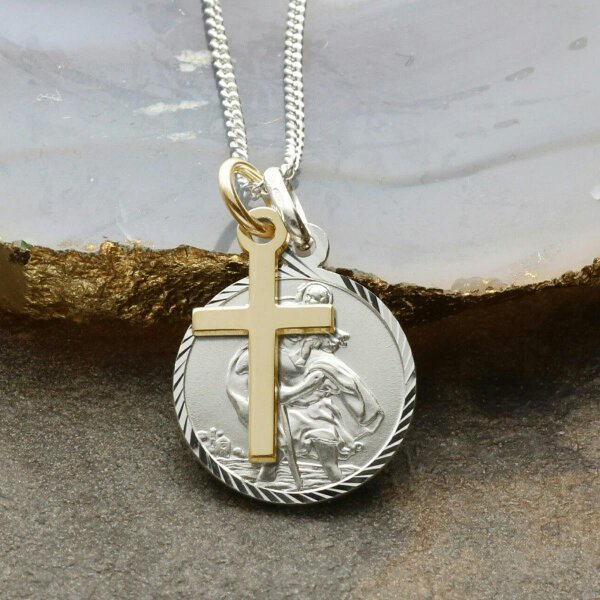 Christopher James of London Sterling Silver Diamond Cut 16mm St Christopher With Cross, Optional Engraving And Chain