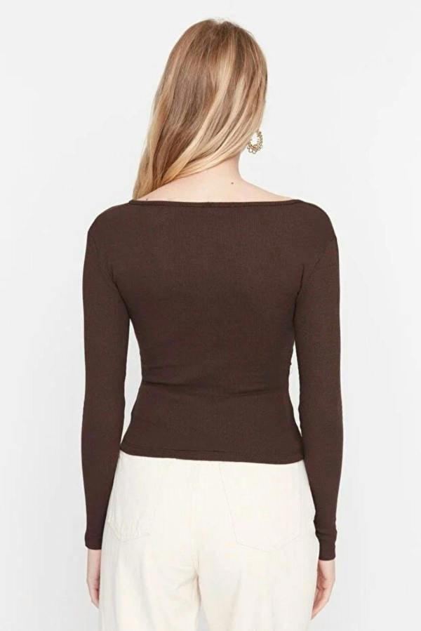 WOVCOR Double Breasted Collar Long Sleeve Ribbed Knit Blouse
