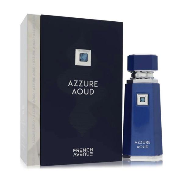French Avenue Azzure Aoud eau de parfum 100ml displayed beside its matching dark blue luxury box, highlighting the refined bottle design and premium fragrance branding.