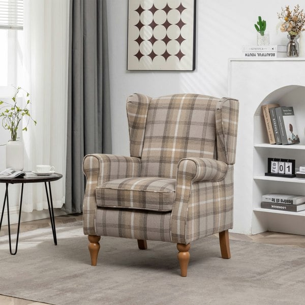 Furniture One Wingback Tartan Armchair, Retro Accent Chair Soft Padded Fabric Lounge Padded Sofa Chair with  Solid Wood Frame