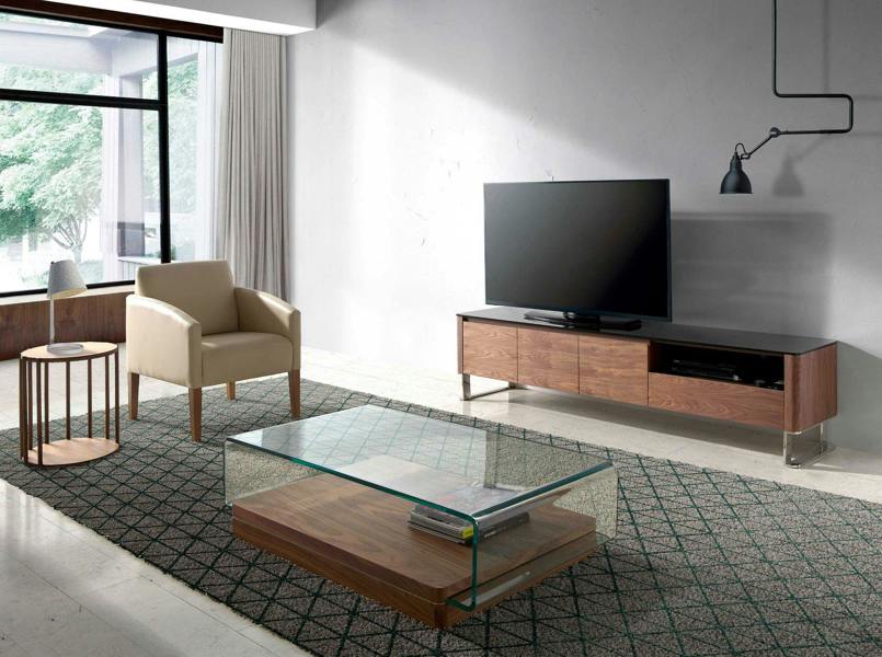 Angel Cerdá TV Unit Walnut, Chrome-plated Steel and Black Glass Top 3047