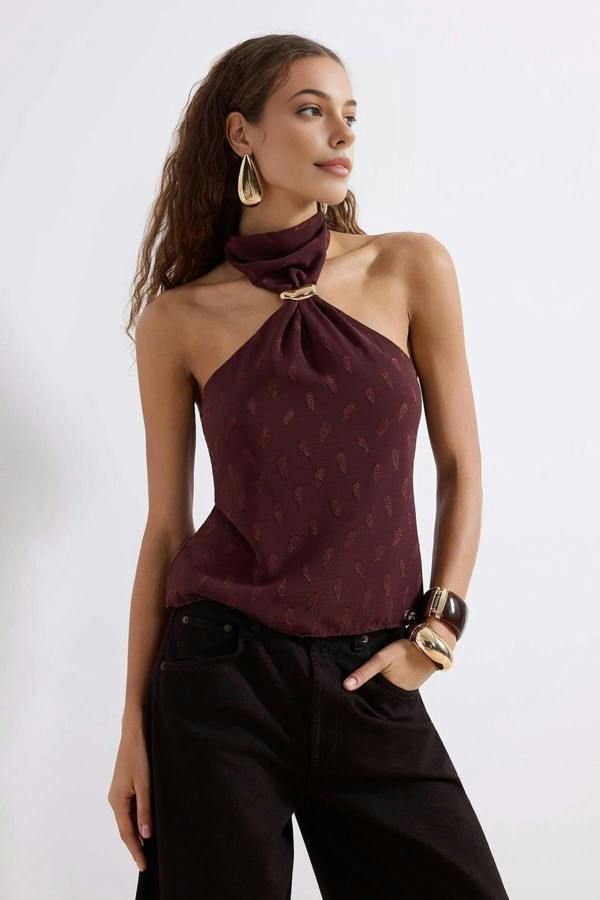 WOVCOR High-Neck Blouse with Accessory Details
