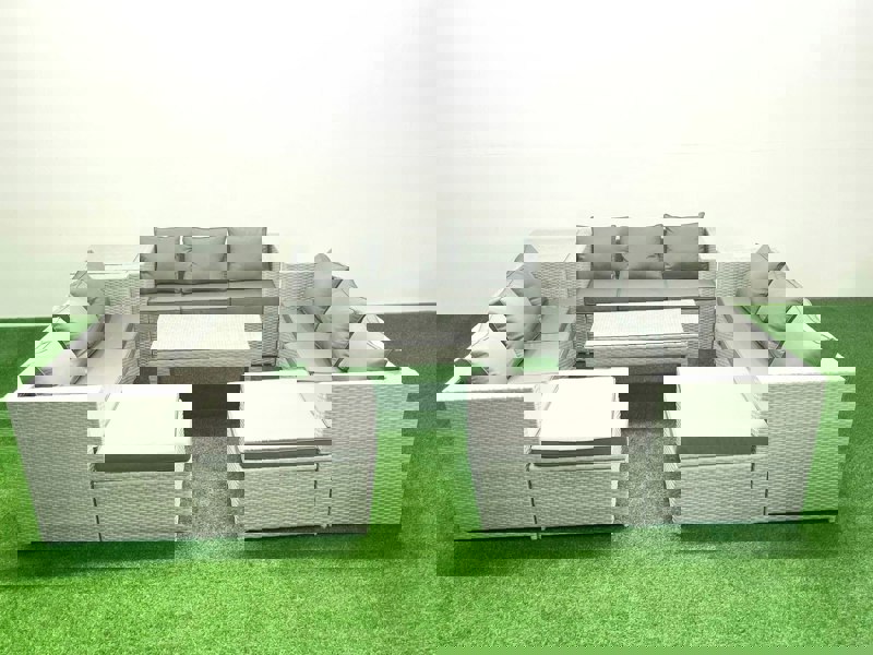 Fimous Rattan Garden Outdoor Furniture Set 11 Seater Garden Sofa Oblong Coffee Table Set with 2 Big Footstools Side Table Light Grey Mixed