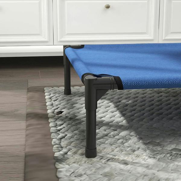 Blue elevated pet bed corner view with black leg and protective foot pad