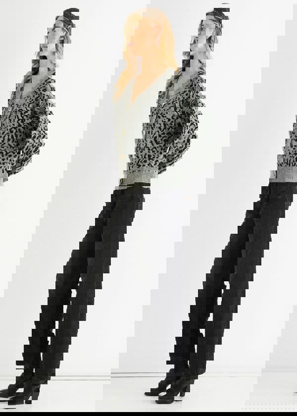 Gini London Grey Animal Print Wool Mix Cardigan Look Jumper