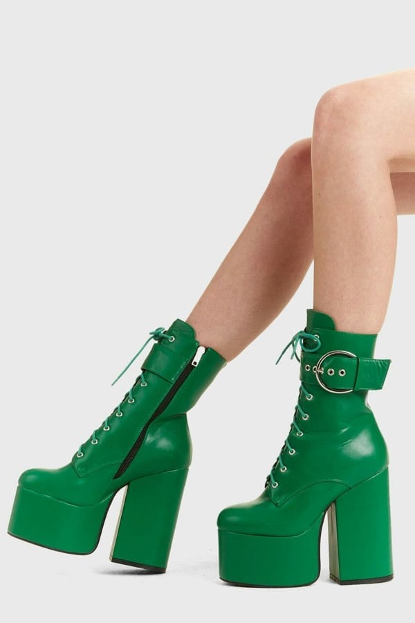 Lamoda One Shot Platform Ankle Boots Green PU, Chunky Ankle Boots with High Heel