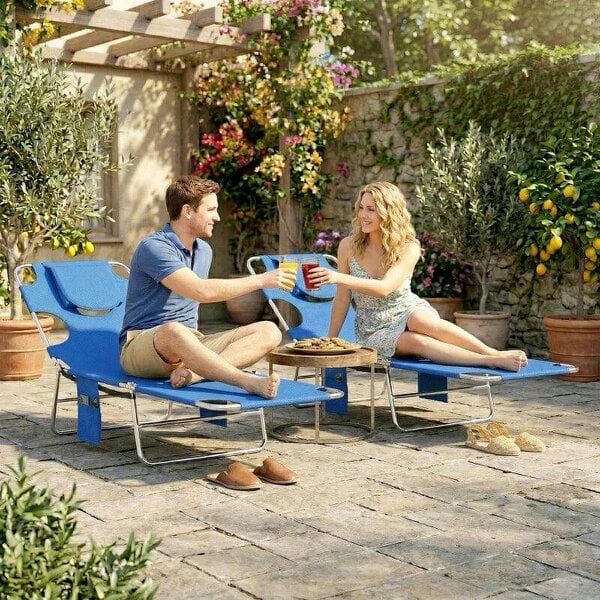 Bobobiy 5-Position Adjustable Sun Loungers Set of 2 with Reading Hole and Side Pocket, Blue