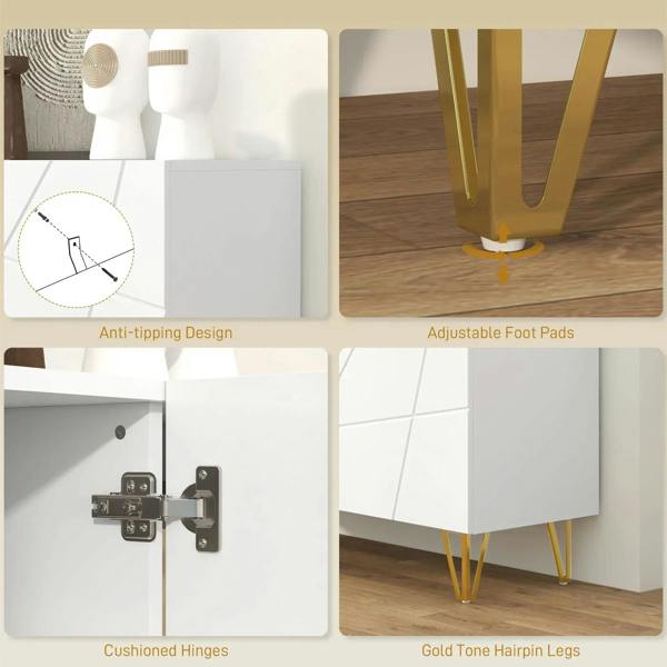 White high-gloss sideboard with anti-tipping design, cushioned hinges, and gold legs