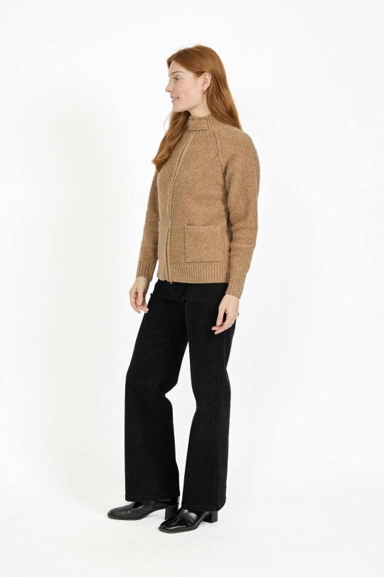 Mudflower Button Tab Collar Zip-Up Knit Cardigan with Pockets