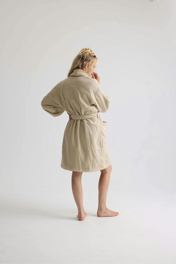 Pretty You London Short Terry Lined Linen Robe In Summer Sand