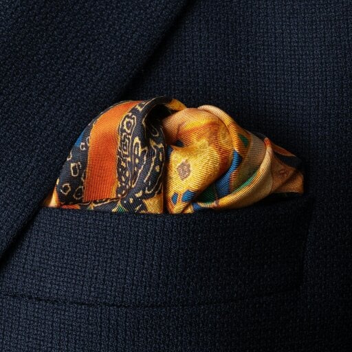 Otway & Orford 'The Hunt' silk pocket square in gold, orange, green & blue (42 x 42cm)