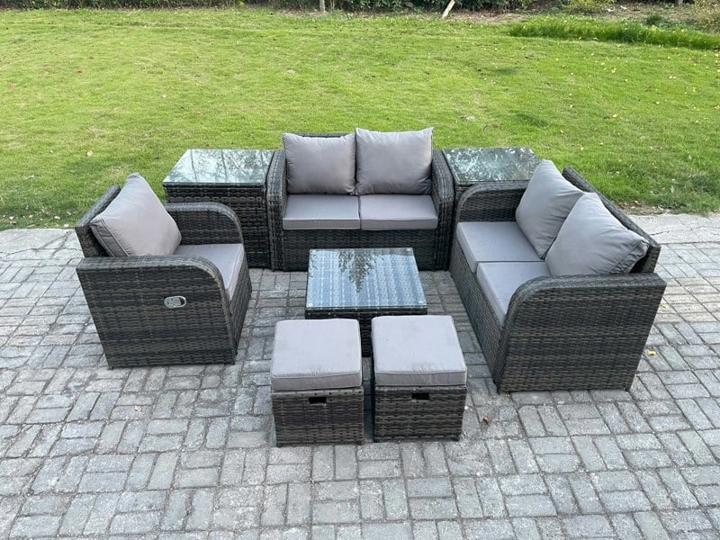 Fimous PE Rattan Garden Furniture Sets Outdoor Love Sofa Chair Set Square Coffee Table 2 Side Tables 2 Small Footstools
