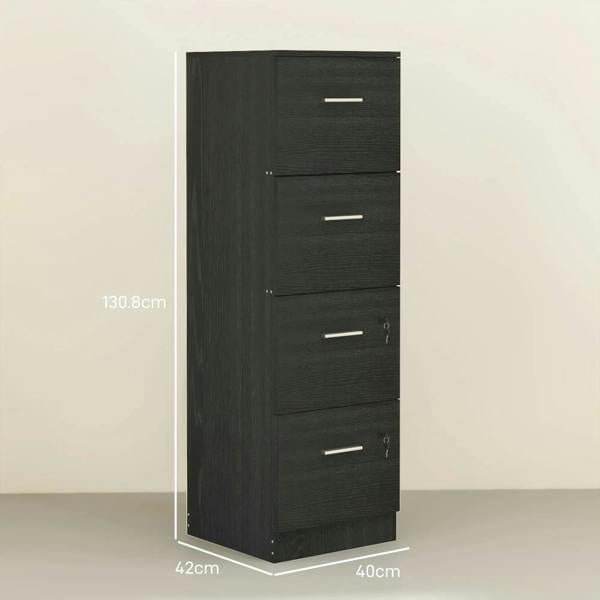 Black wood-effect lockable filing cabinet with four drawers and long silver pulls