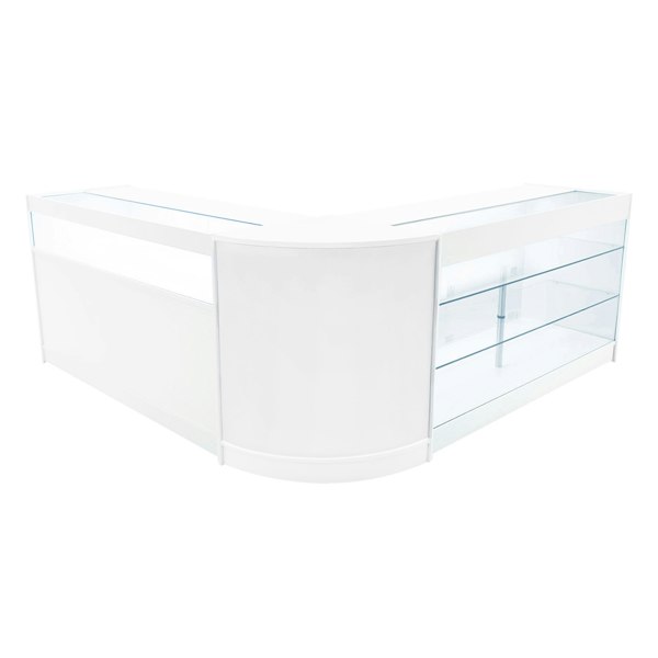 Triton LED Shop Counter Set in white with sleek glass shelves, featuring a modern design and curved edges for stylish display