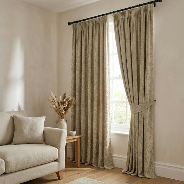 Athens made-to-measure curtains in Misted, styled in a living room