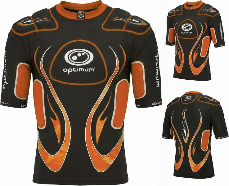 Optimum Inferno Rugby Shoulder Pads Top in Black/Orange, World Rugby approved 12-pad EVA protective top - Optimum