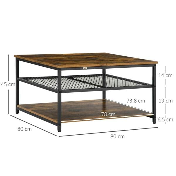 Square rustic brown coffee table with two open lower shelves and black metal wire panel