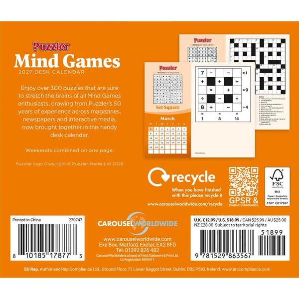 Mind Games, Puzzler Desk Calendar 2027, Desk Calendars, Day To View, Entertainment, Gift