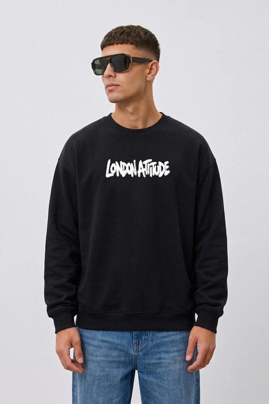London Attitude Oversized Heavyweight City Graffiti Sweatshirt in Black