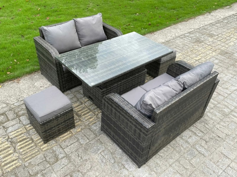 Fimous PE Rattan Garden Furniture Sofa Set Dining Table Height Adjustable Rising lifting Table Two Seater Double Love Sofa