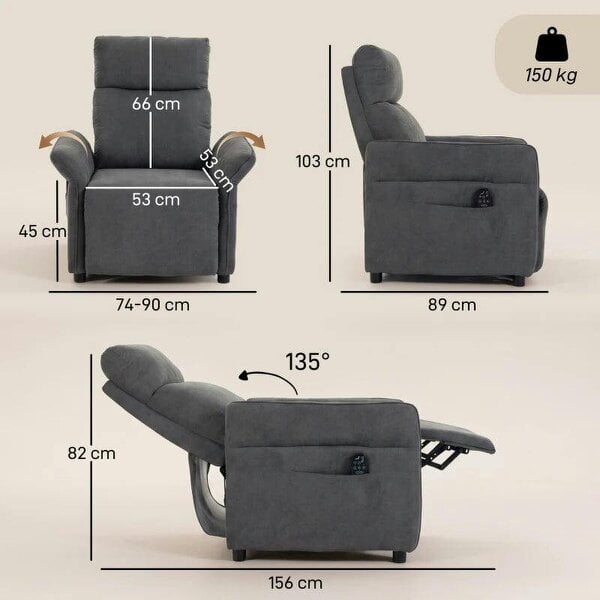 Recliner Armchair, Push Back Recliner Chair with Massage & Heat, Adjustable Armrests, Dual Side Pockets, Dark Grey