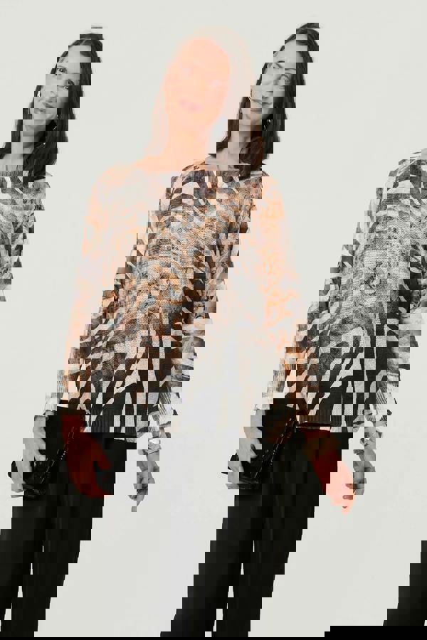 Brown | Printed Mesh Textured Long Sleeve Top