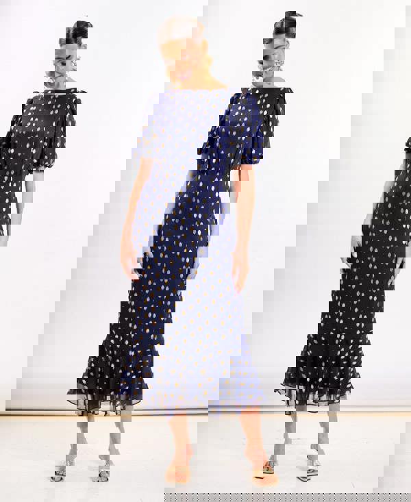 Navy Chiffon Foil Puff Sleeve Midi Dress