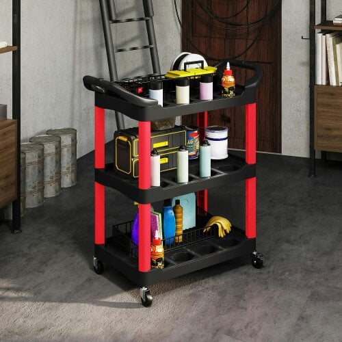 Bobobiy 3-Tier Rolling Tool Cart, Plastic Mobile Service Utility Cart with Handles for Garage, Mechanics and Warehouse, 91kg Capacity, Black and Red