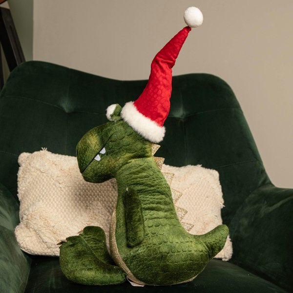 Samuel Alexander 48cm Green Sitting Christmas Dinosaur with Santa Hat