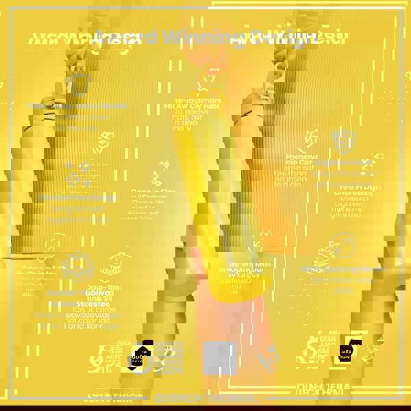 A yellow water bottle is being held; it has a hide-away handle, crevice-free design, hygiene cover, and wide opening mouth. The bottle is double-walled stainless steel, keeping beverages hot or cold longer. It is an award-winning design.