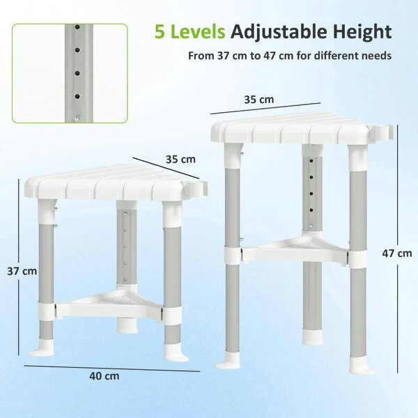 Shower Stool, Aluminium Alloy Corner Shower Chair with Storage Shelf and HDPE Seat, Adjustable Height, White