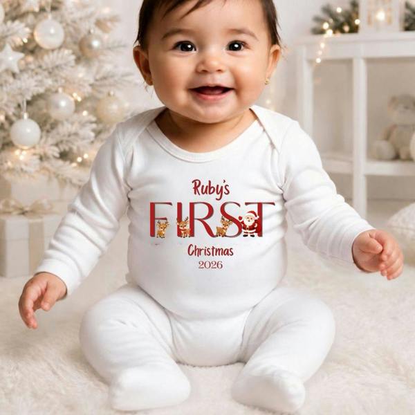 Aye Do Gifts Personalised First Christmas Santa Team Baby Grow, Vest or Bib with Name