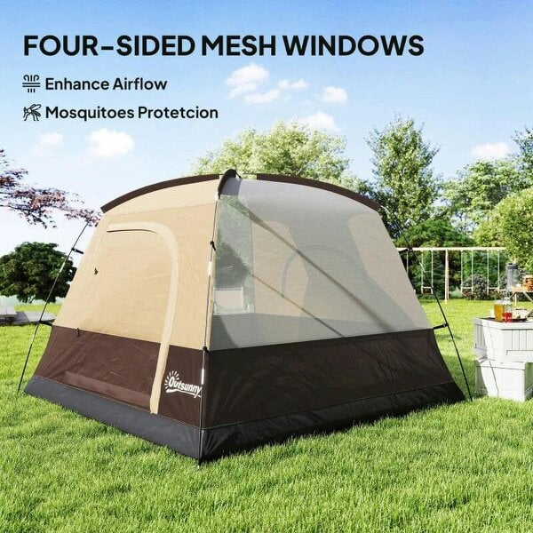 Camping Tent, Easy Set Up 2-3 Man Tent with Sewn-in Groundsheet, 3000 mm Dome Tent w/ Mesh Windows, Brown