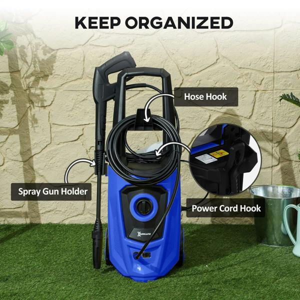 Blue pressure washer with hose hook, spray gun holder, power cord hook, and wheels