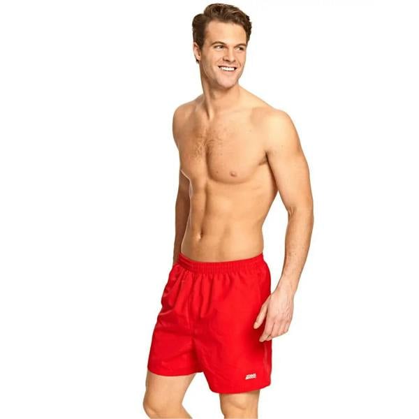 Hot red Zoggs Penrith 17 inch swim trunks with white logo, drawstring and internal mesh
