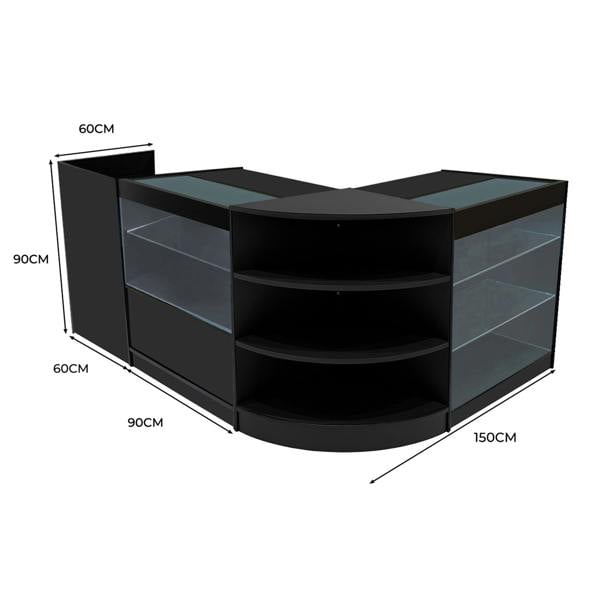 Theia LED Shop Counter Set in black features a sleek design with glass shelves, measuring 150cm wide and 90cm tall, ideal for retail displays