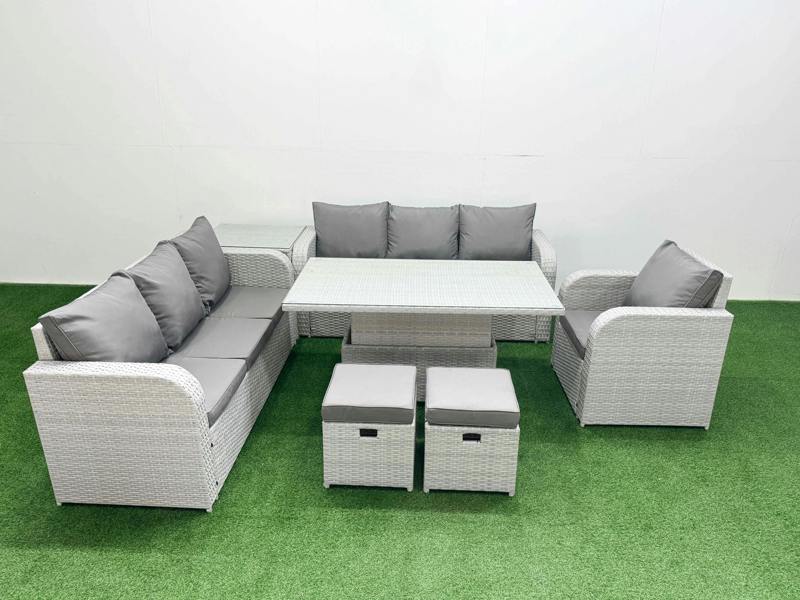 Fimous 9 Seater Poly Rattan Garden Furniture Patio Set, Adj Height Table, 2x 3 Seater Sofas, Reclining Chair, Stools, Side Table, Light Grey