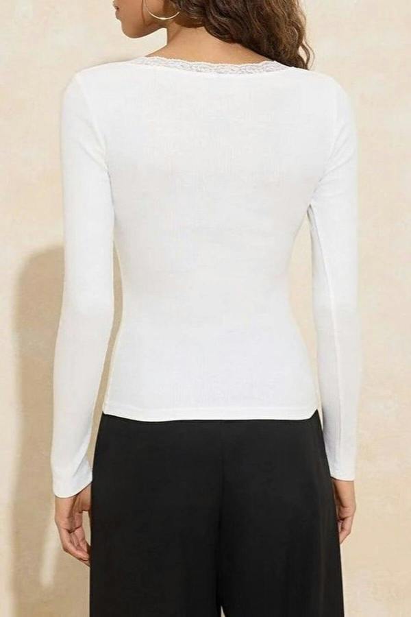WOVCOR V-Neck Lace Detail Ribbed Cotton Stretch Knit Blouse