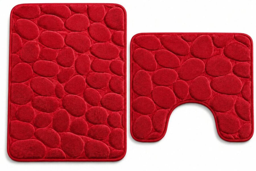 Night Zone Pebble Stone Bath Mat Set – Soft Absorbent Non-Slip Bathroom Rug Set - Red